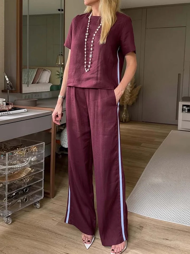 Women's Cotton-Blend Two-Piece Set with Crew Neck Top and Pants