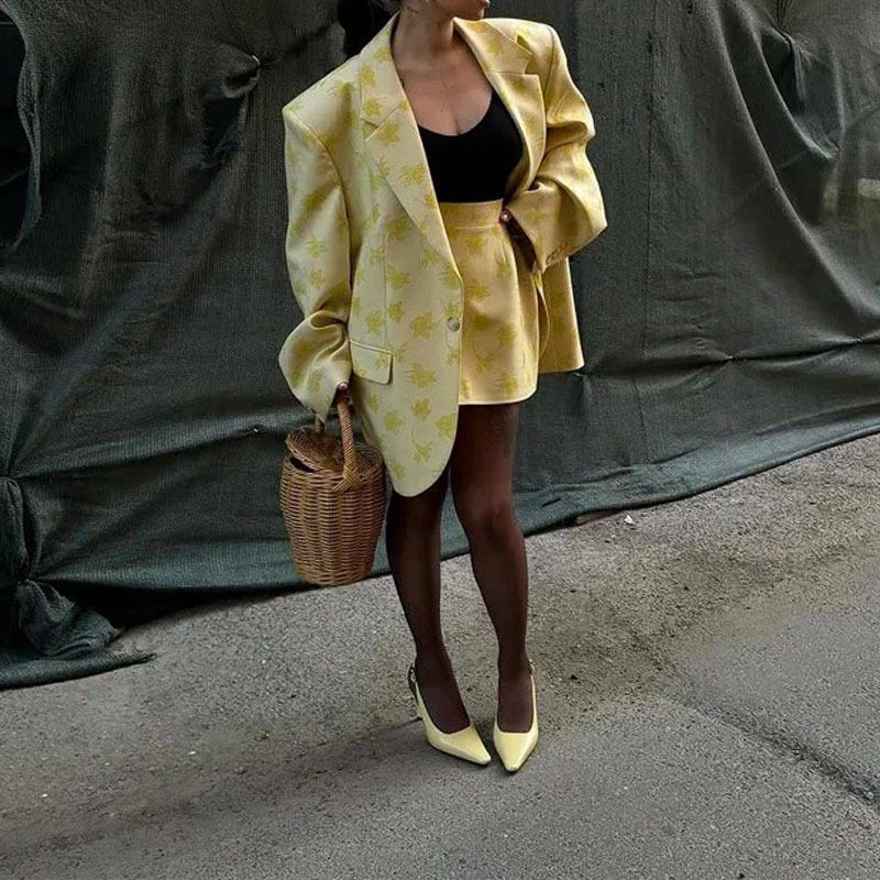 Women's Two-Piece Blazer and A-Line Mini Skirt Set Slim Fit Commuter