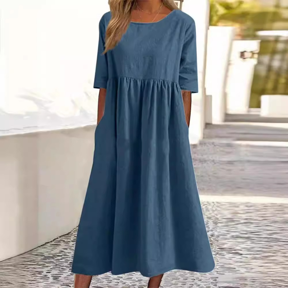 Cotton-Linen Short-Sleeve Pocket Pleated Loose Round-Neck Dress