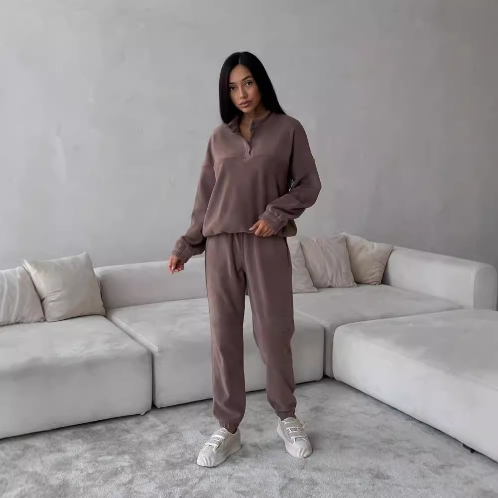 Women's Solid Fleece Sweatshirt and Pants Two-Piece Set Casual Lounge Outfit