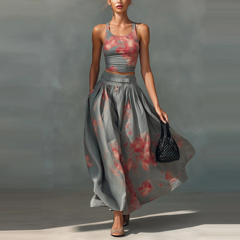 Women's Boho Floral Print Sleeveless Tank Top and Long Skirt Two-Piece Set