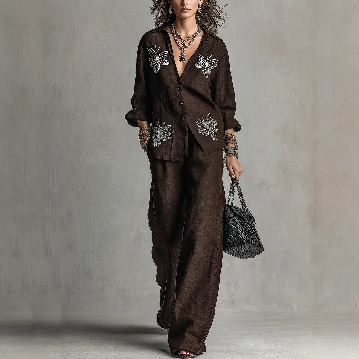 Butterfly Print Shirt & Wide-Leg Pants Two-Piece Set