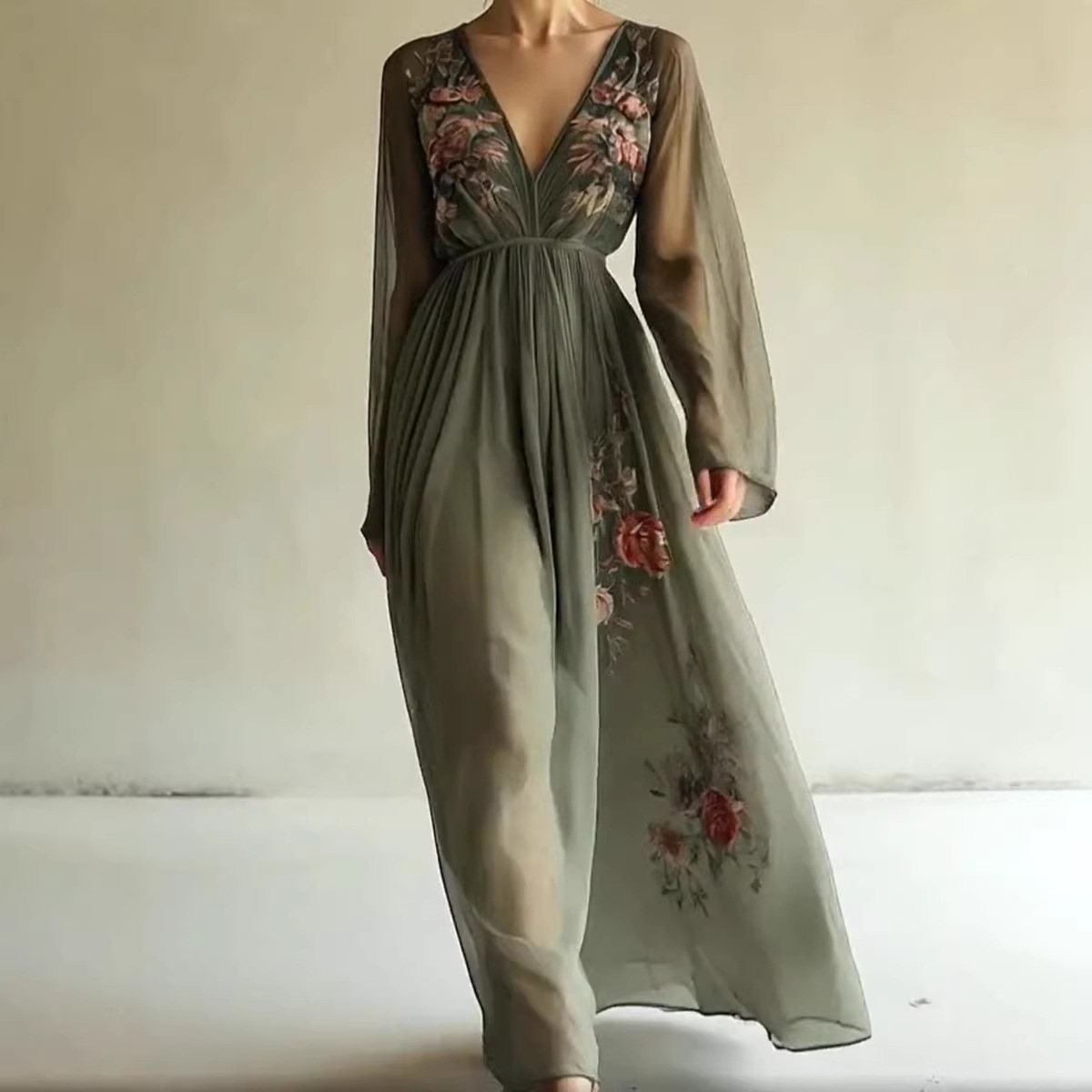 Digital Print Long Sleeve V-Neck Maxi Dress