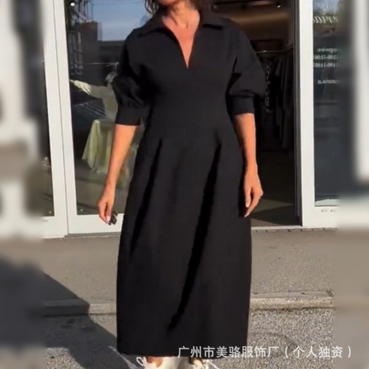 Women's Retro Loose Midi Dress with V-Neck and High Waist