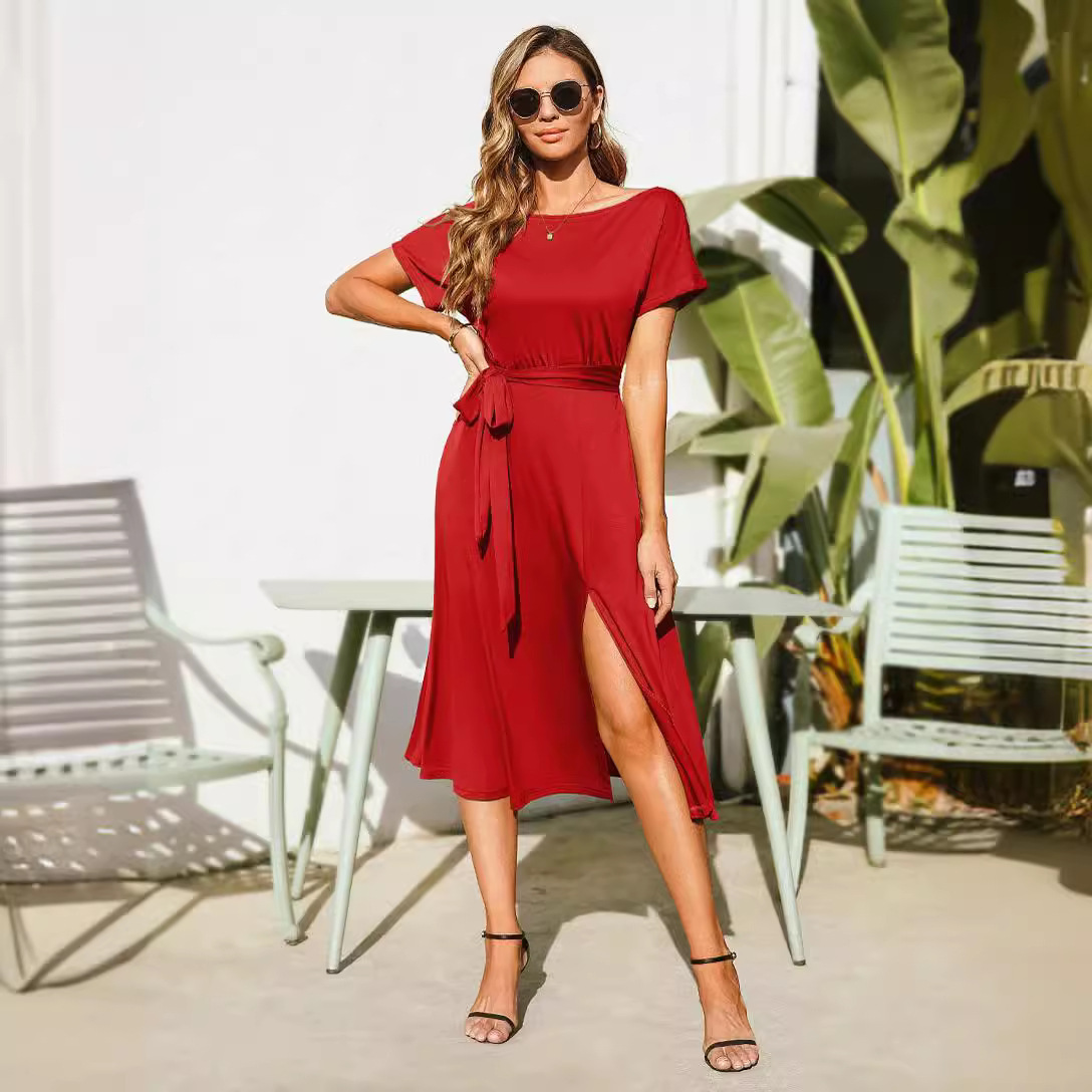 Women's Off-Shoulder Short Sleeve Tie-Waist Midi Dress with Slit
