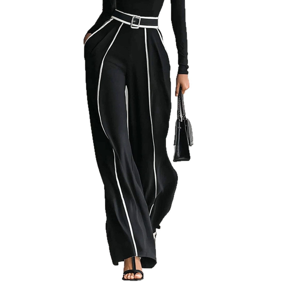 Elegant Color-Block Trim Knit Top and Wide-Leg Pants Two-Piece Set