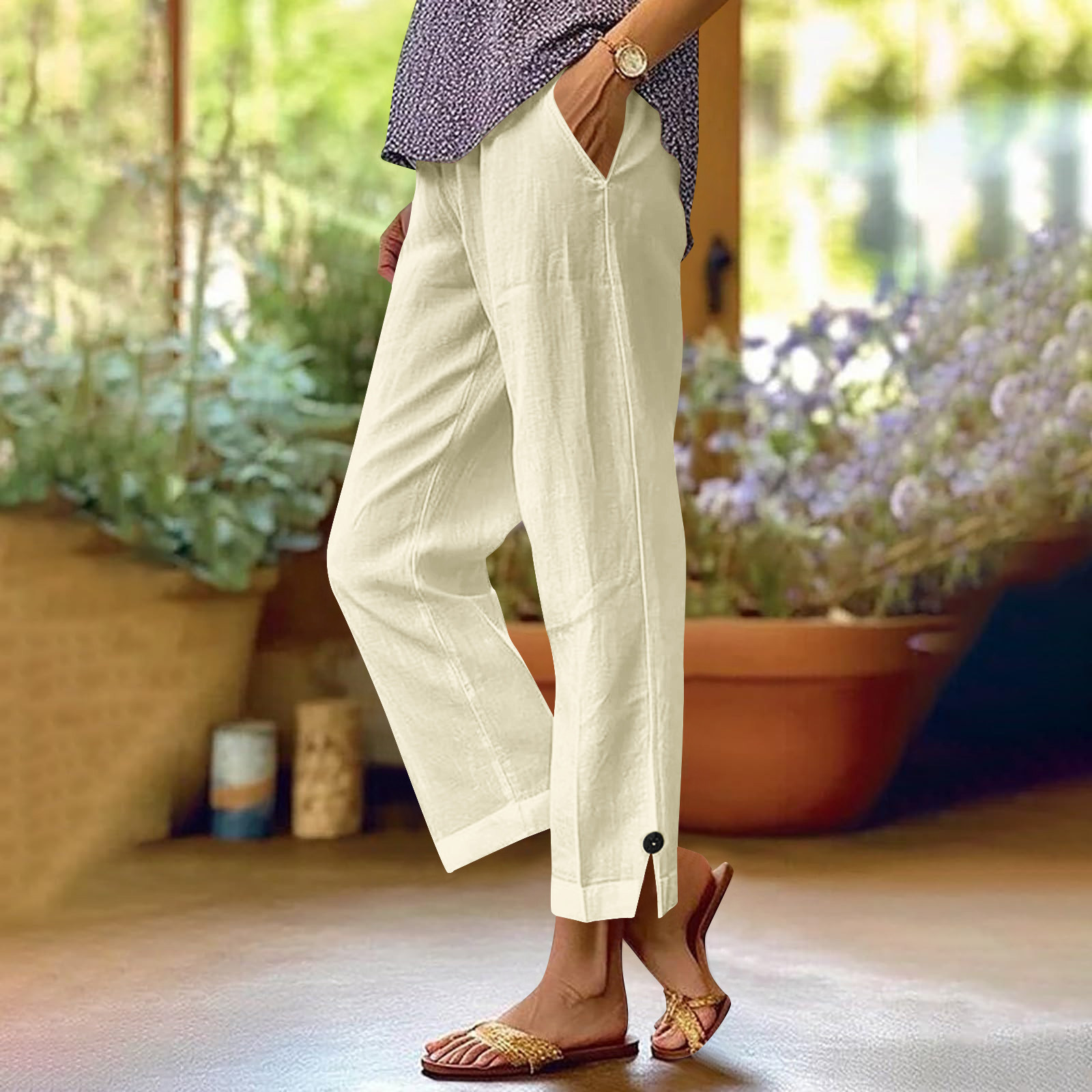 Women's Cotton-Linen Wide-Leg Pants with Elastic Waist and Pockets
