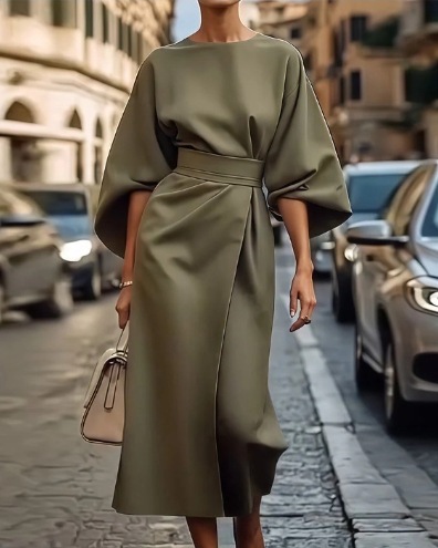 Elegant Solid Color Waist-Cinched Batwing Sleeve Long Dress