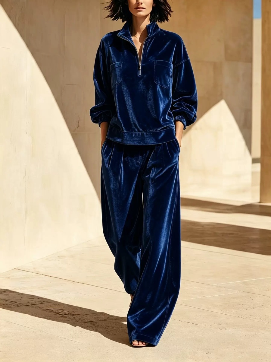 Velvet Lounge Set for Women Long Sleeve Half-Zip Top and Wide-Leg Pants Two-Piece