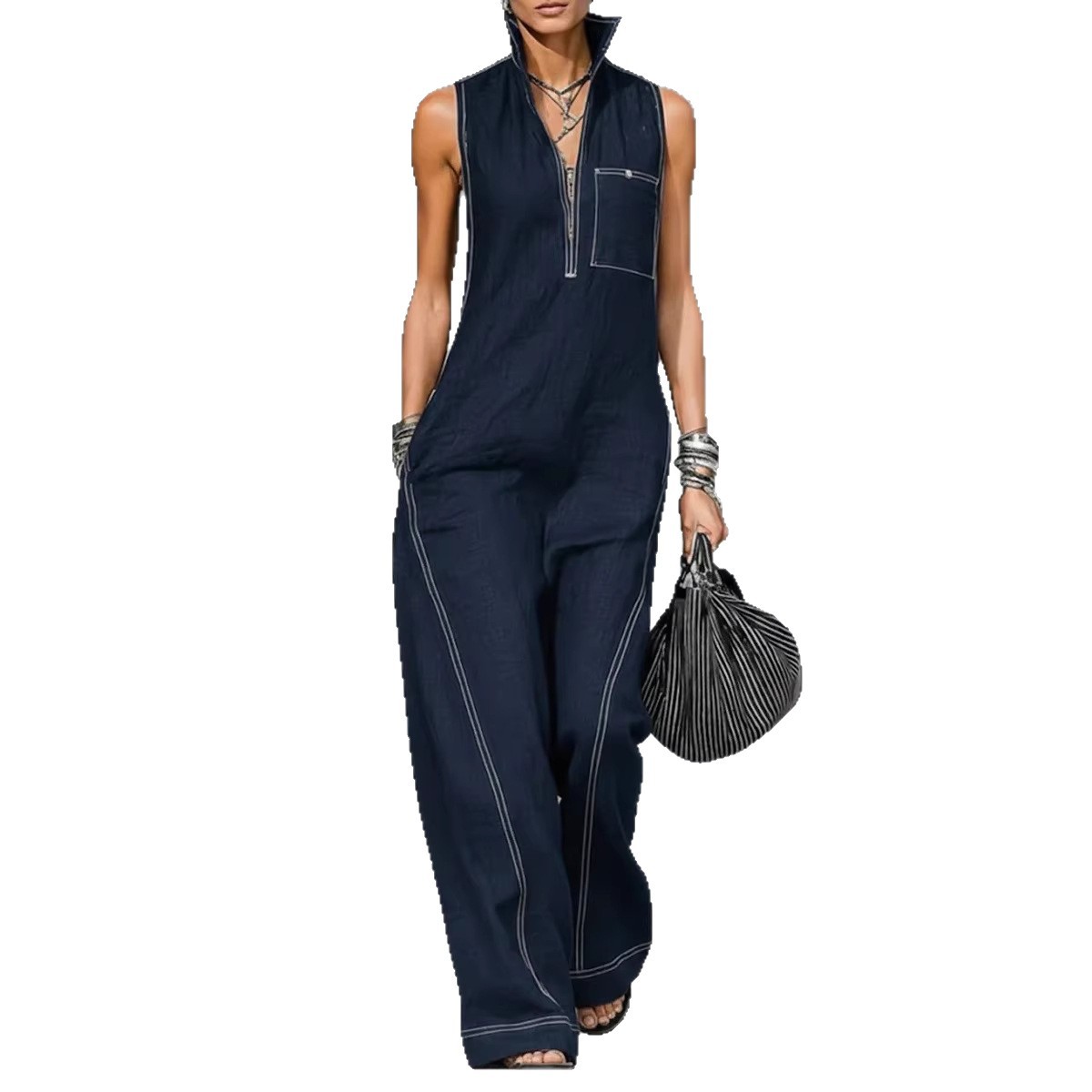 Women's Sleeveless Stand Collar Wide-Leg Jumpsuit