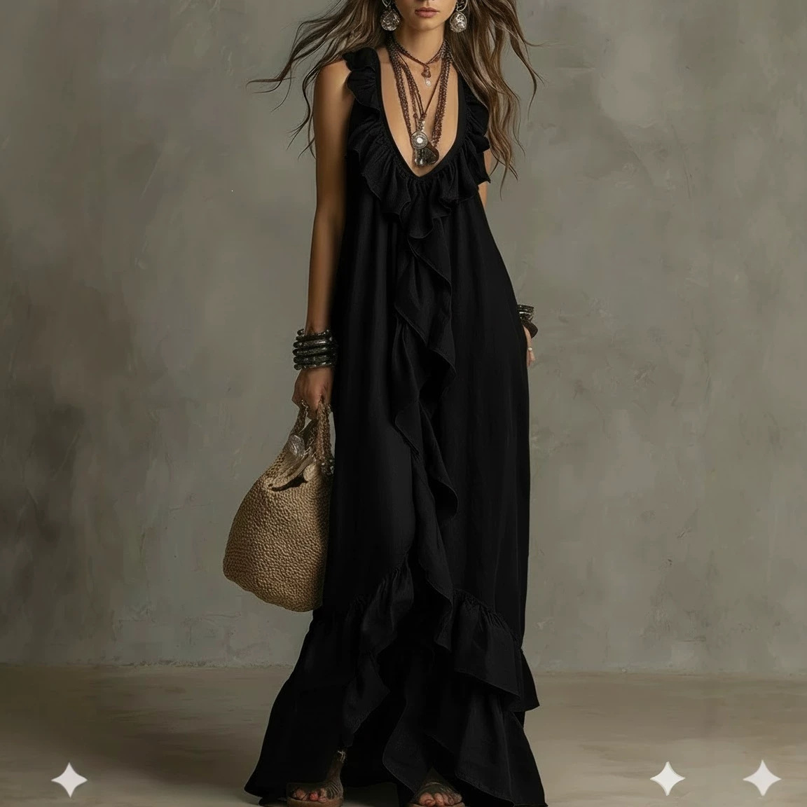 Boho V-Neck Ruffle Sleeveless A-Line Maxi Dress