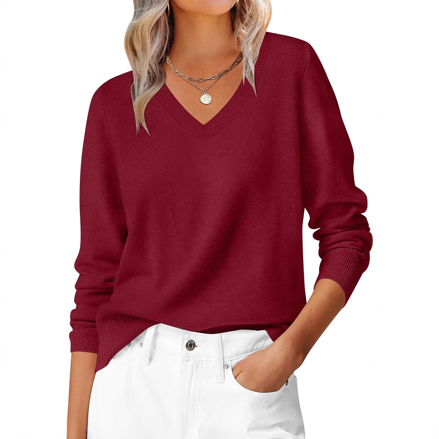 Women's Long Sleeve V-Neck Sweater Soft Loose Pullover Classic Casual