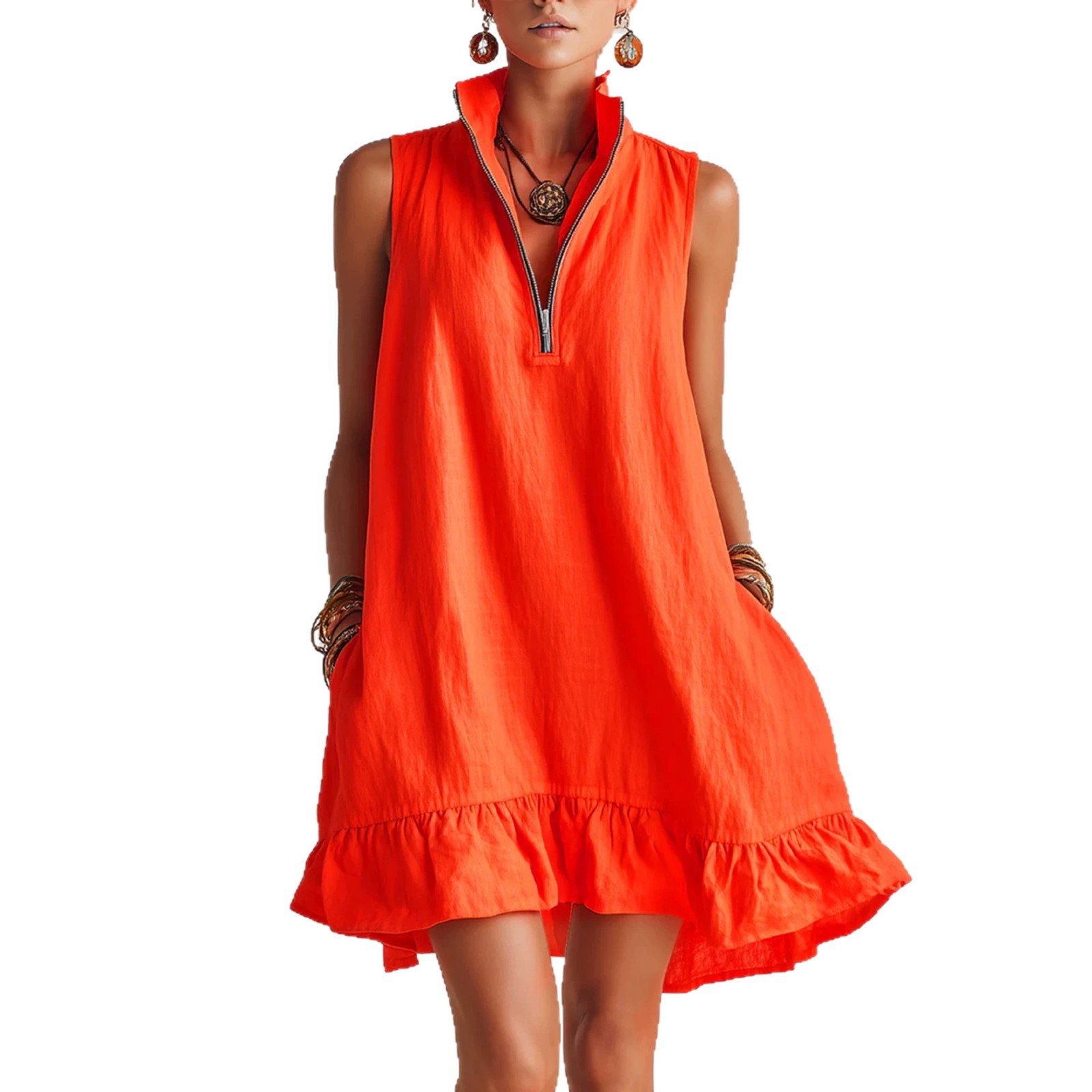 Women's Solid Sleeveless V-Neck A-Line Midi Dress