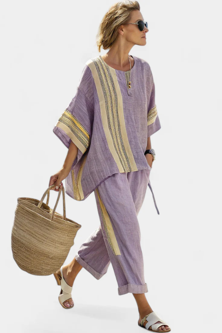 Striped Color-Block Half-Sleeve Top and Straight-Leg Pants Set