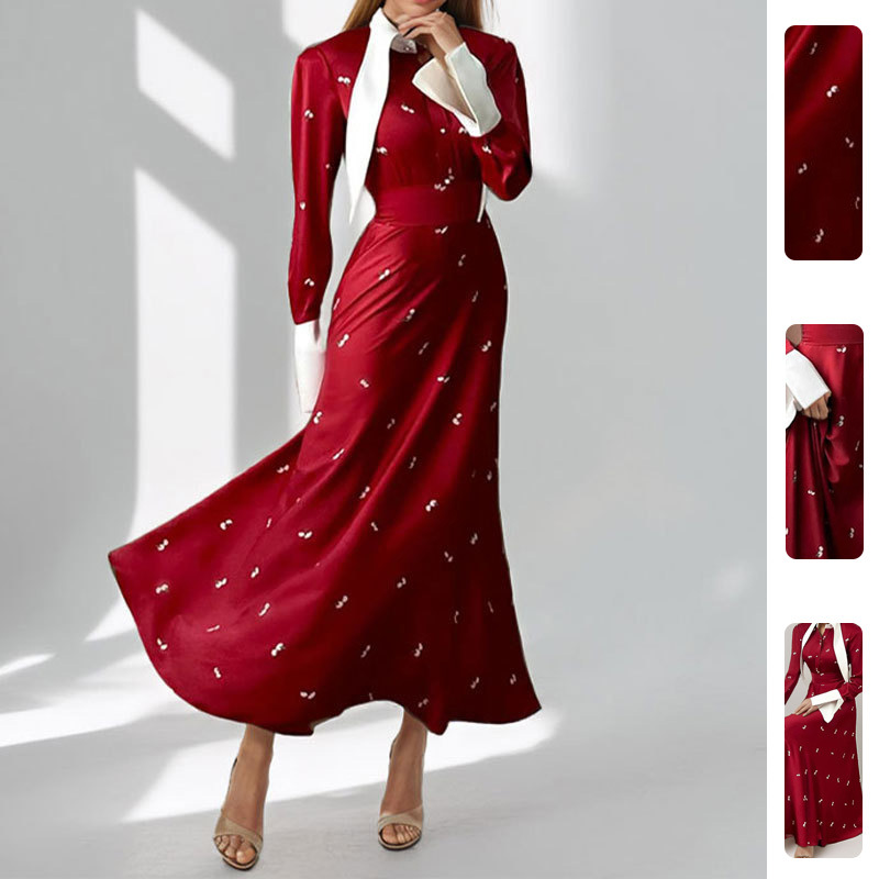 Women's Elegant Floral Print A-Line Long Dress with V-Neck and Long Sleeves