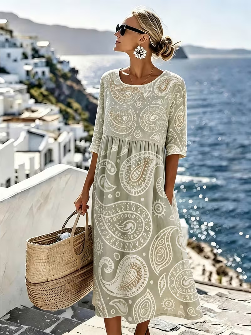 Women's Boho Vacation Print Ruched Midi Dress