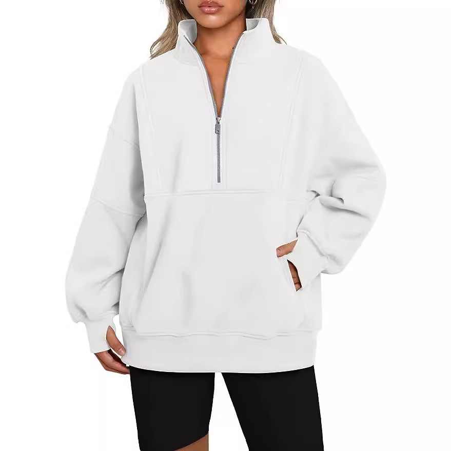Women's Fleece-Lined Half-Zip Pullover Hoodie with Pockets and Stand Collar
