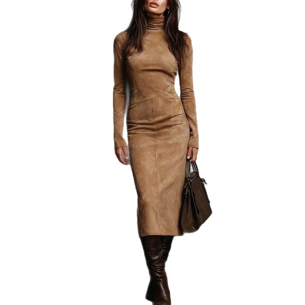 Women's Slim Fit Long Sleeve Bodycon Midi Dress Half Turtleneck