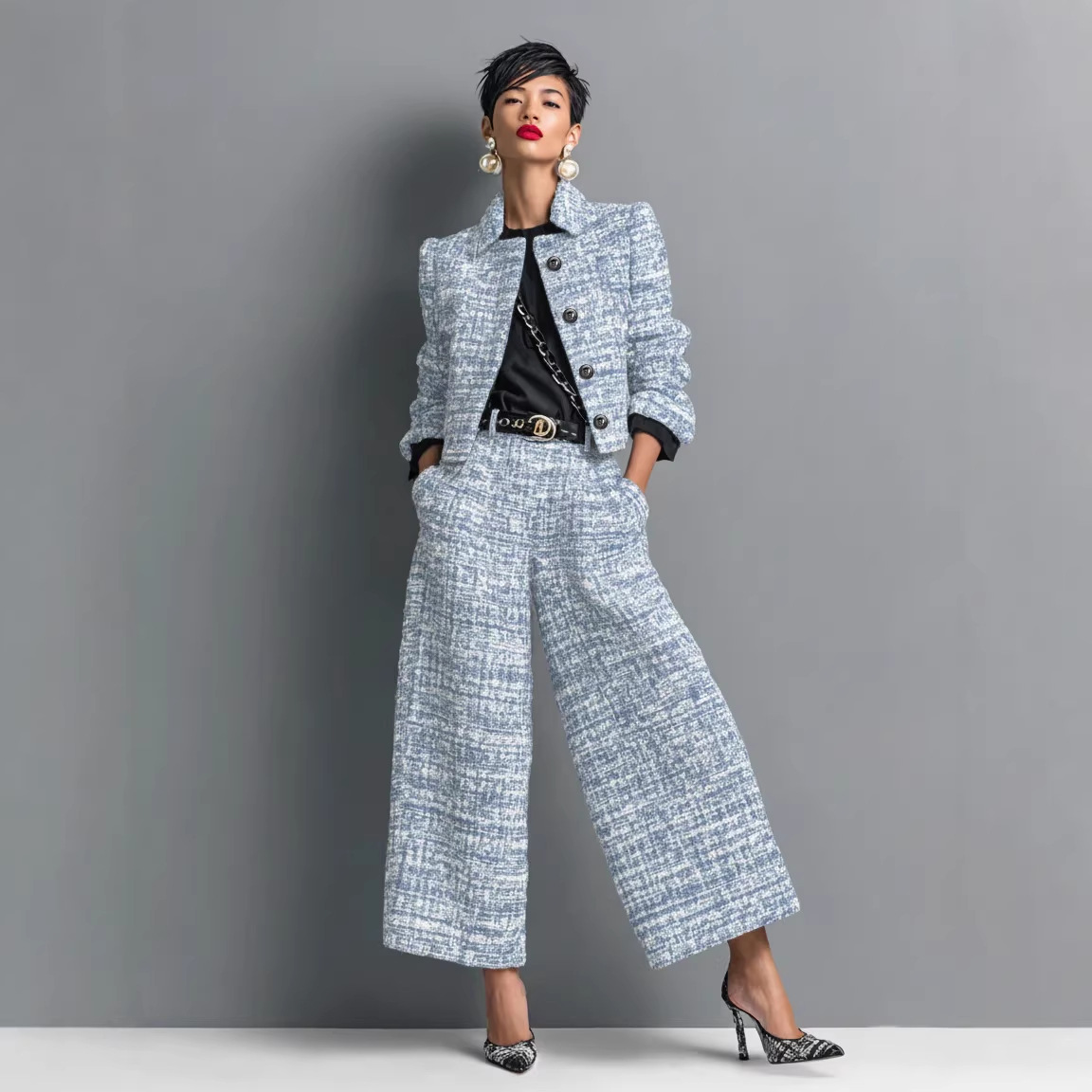 Women's Plaid Print Two-Piece Set with Collared Top and Wide-Leg Pants