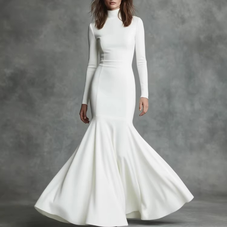 Elegant Mermaid Maxi Dress High Neck Long Sleeve Solid Color