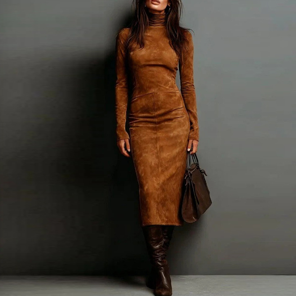 Women's Slim Fit Long Sleeve Bodycon Midi Dress Half Turtleneck