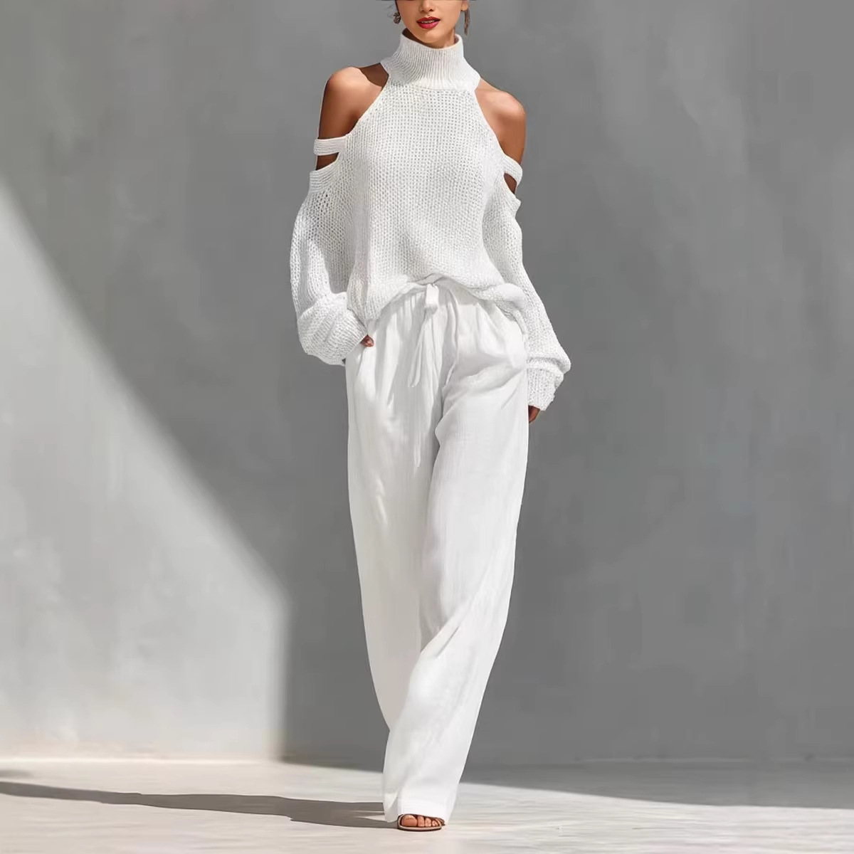 Women's Solid Color Long Sleeve High Neck Top and Pants Two-Piece Set