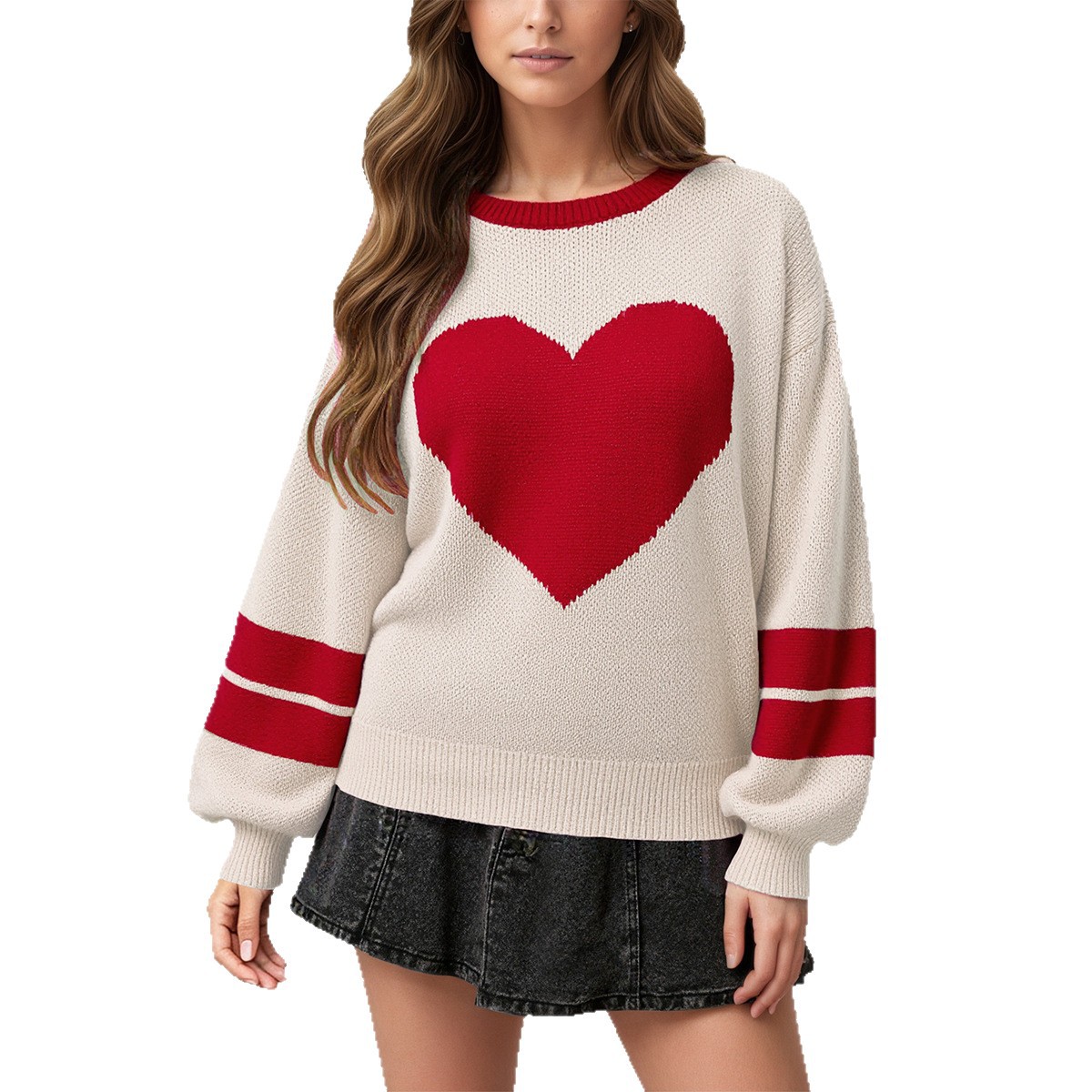 Women's Heart Pullover Sweater Crew Neck Long Sleeve Loose Fit