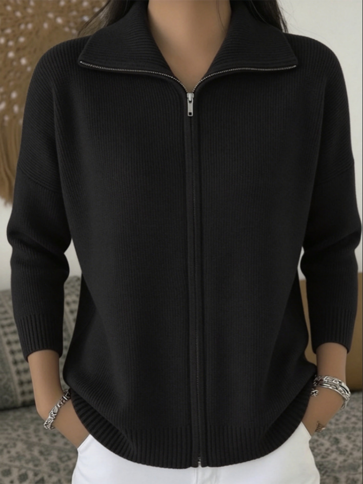 Women's Zip-Up Knit Cardigan Sweater with Collar, Solid Color, Loose Fit