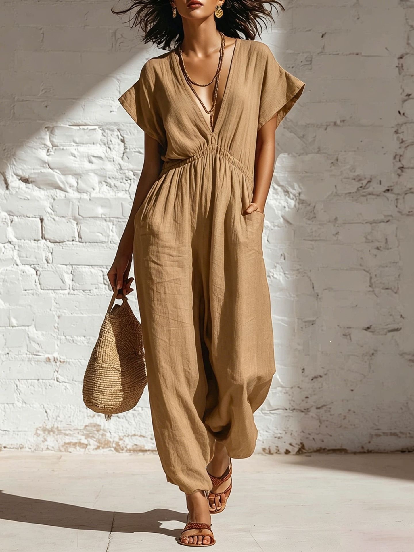 Women's Summer Deep V-Neck Wide-Leg Jumpsuit with Waist Tie Streetwear