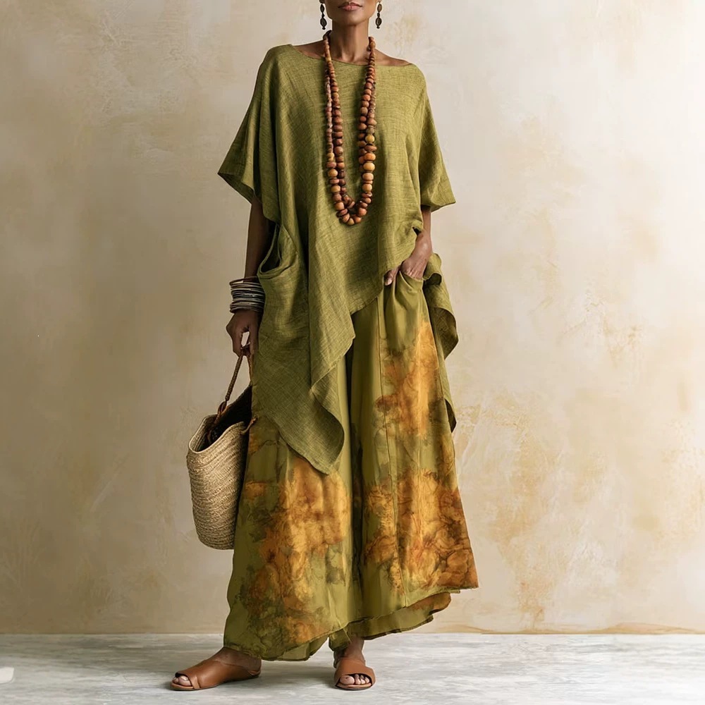 Women's Printed Linen Two-Piece Set with Loose Wide-Leg Pants