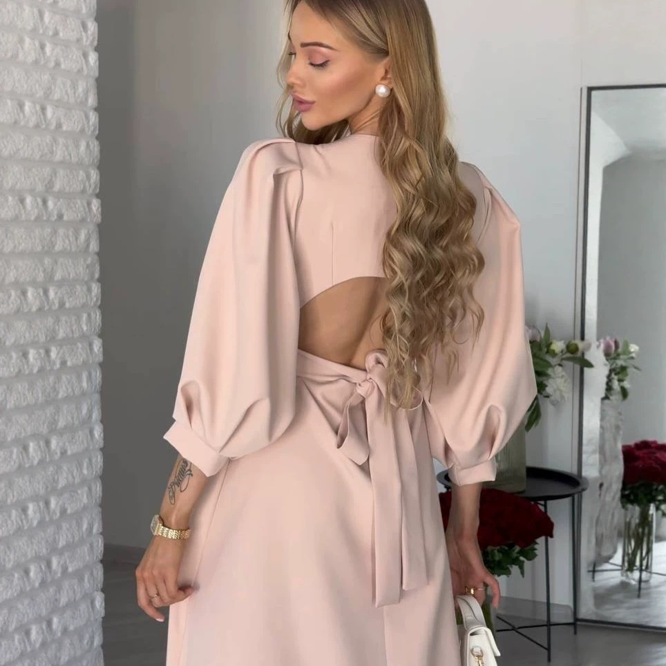 Solid Open-Back Lantern Sleeve Tie-Waist Long Dress