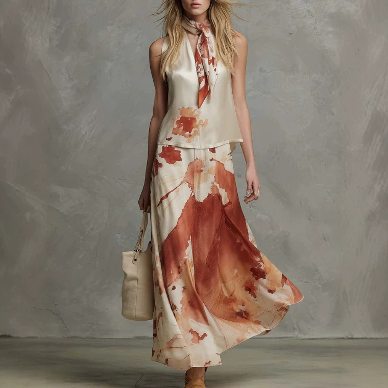 Floral Sleeveless Satin Top & Midi Skirt Set