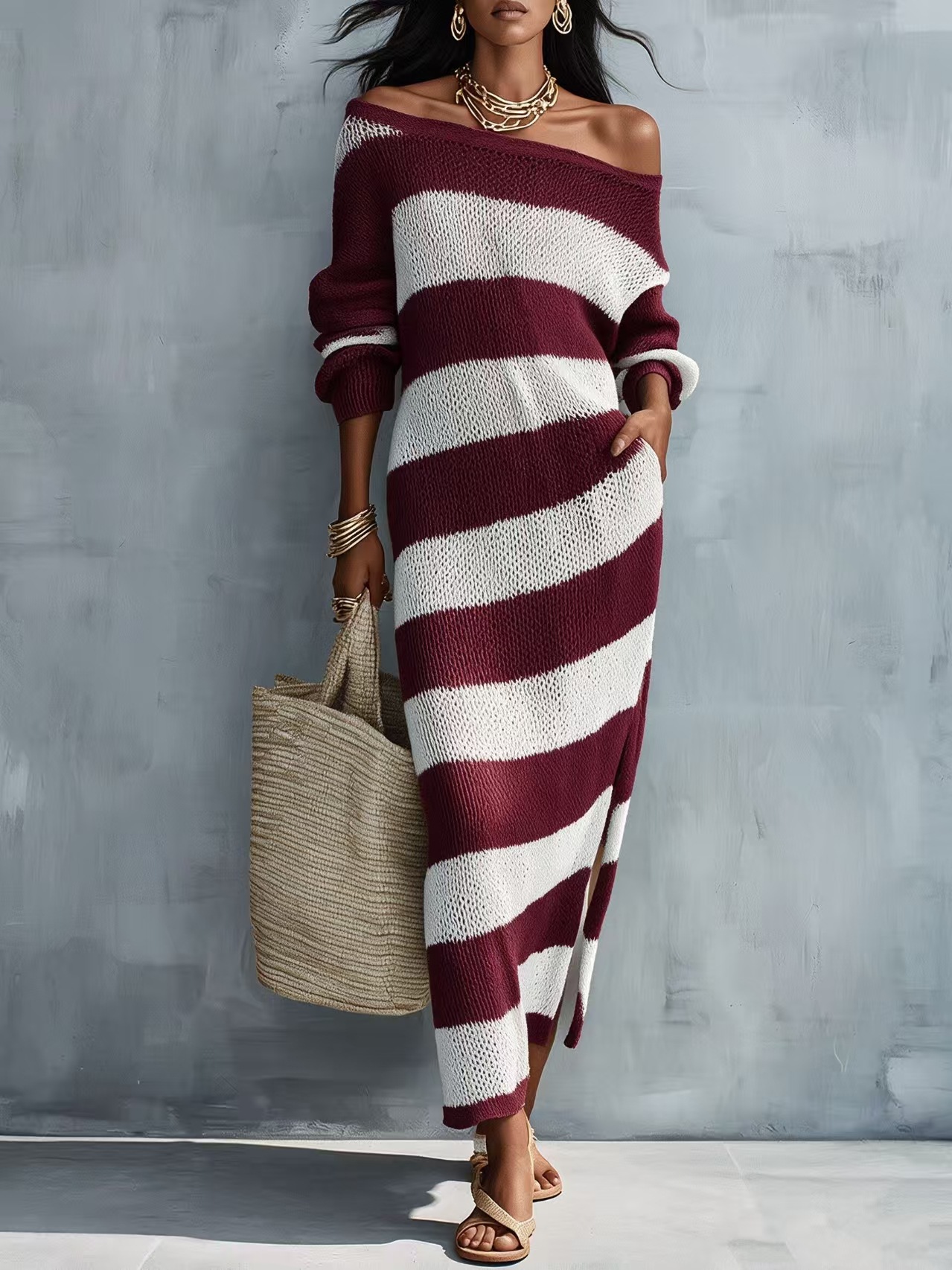 One-Shoulder Striped Knit Long Dress with Cutout and Slit