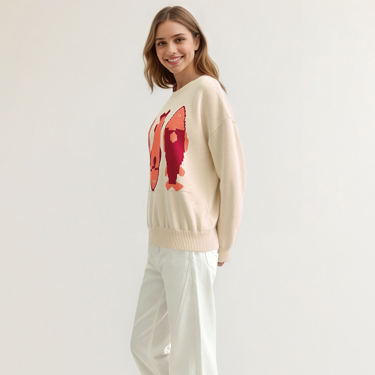 Women's Loose Crewneck Jacquard Knit Sweater