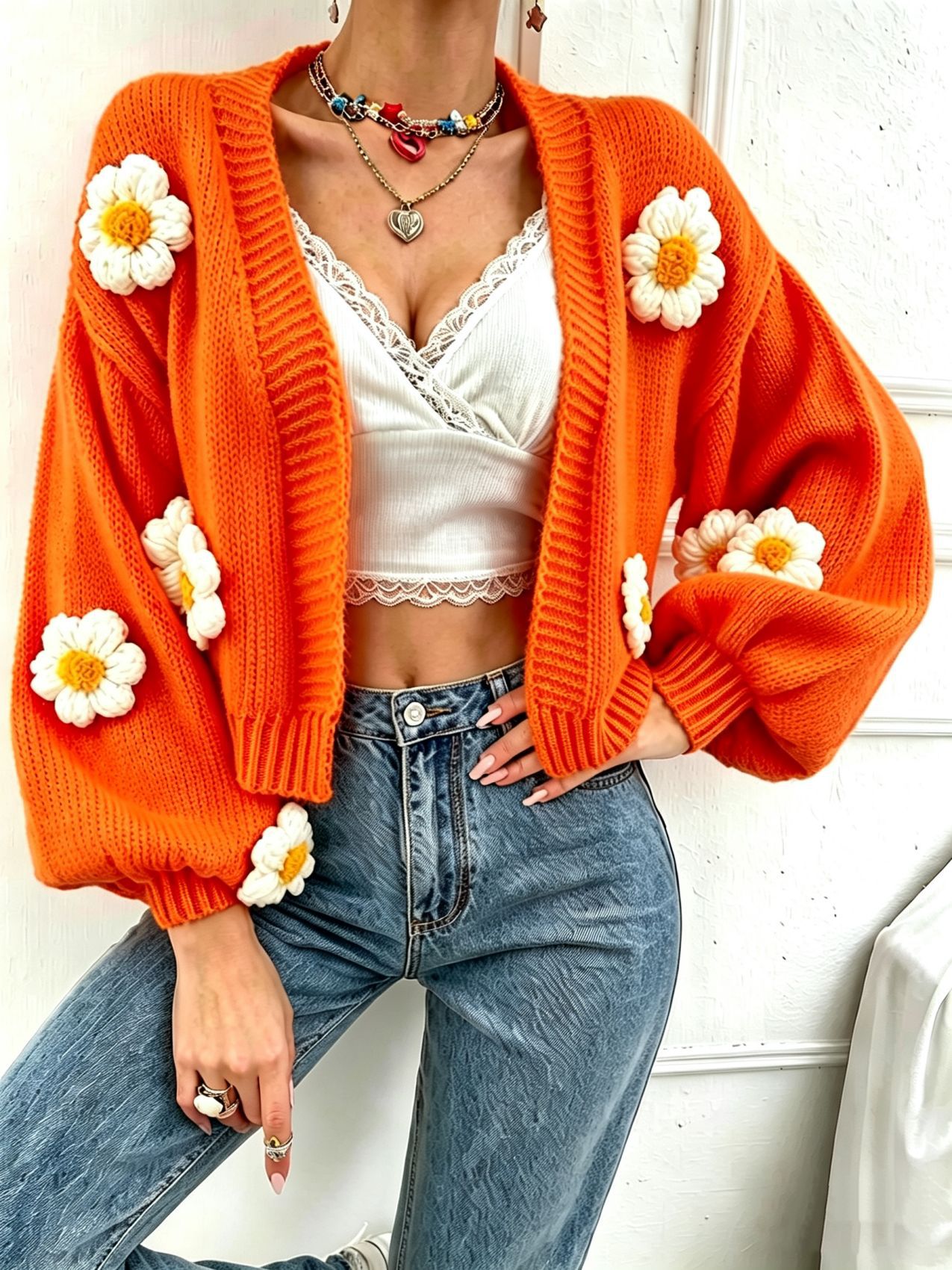 Women's Crochet Floral Spliced Button Cardigan Sweater
