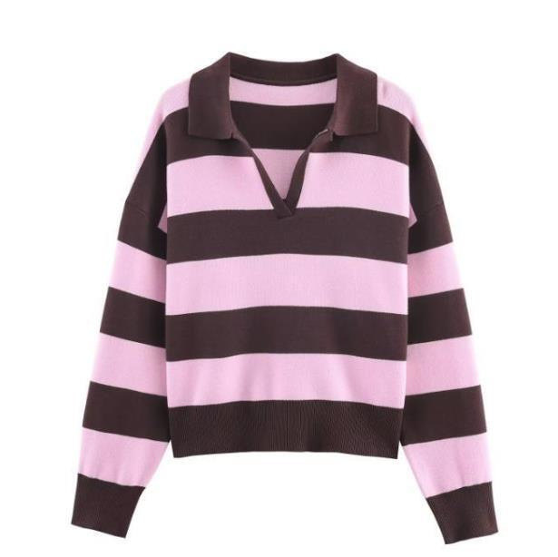 Women's Casual Loose Striped Polo Shirt Long Sleeve