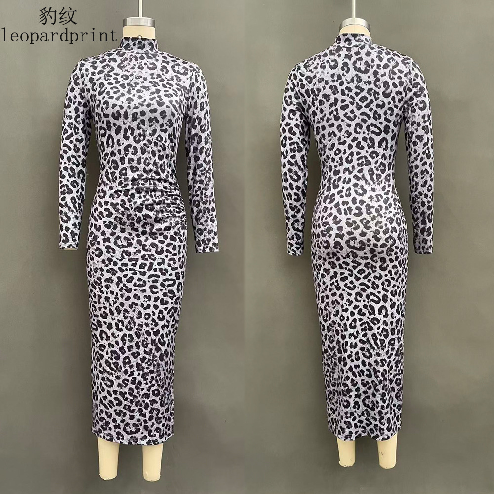 Leopard Print Long Sleeve Bodycon Midi Dress