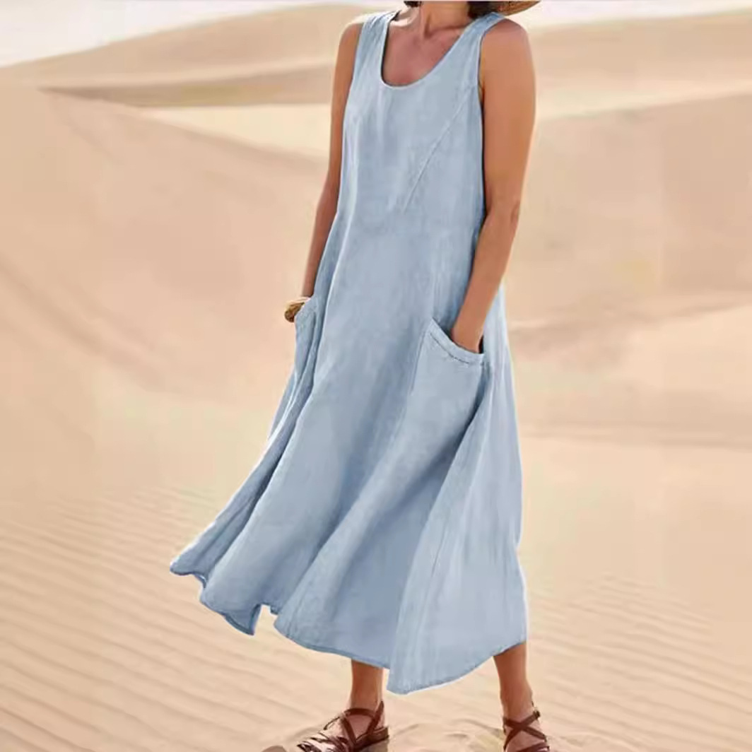 Women's Sleeveless Cotton Linen A-Line Dress with Pockets