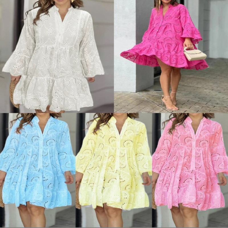 Solid V-Neck Embroidered Eyelet Lace A-Line Midi Dress