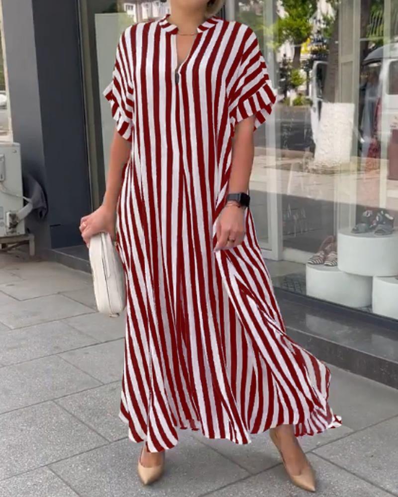 Striped V-Neck Short Sleeve Side Slit Loose Casual Dress