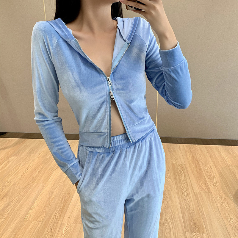 Long Sleeve Hooded Zip Sweatshirt and Pants Set with Angel Letter Embroidery