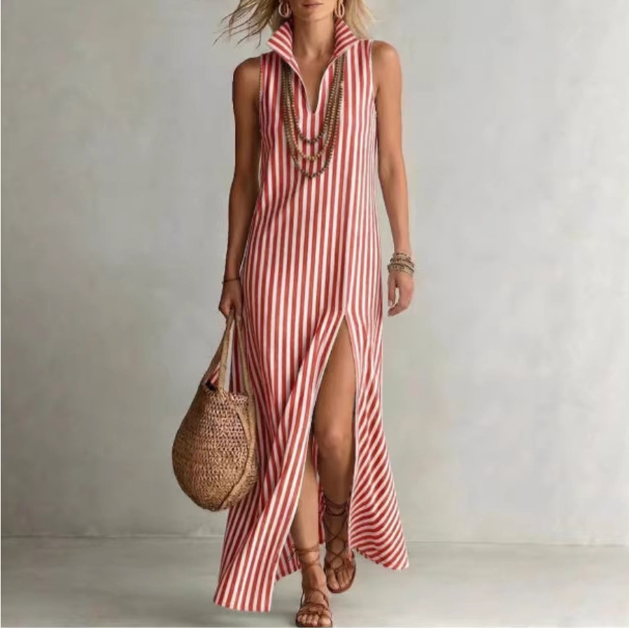 Striped Stand Collar Sleeveless Slit Cotton Linen Maxi Dress
