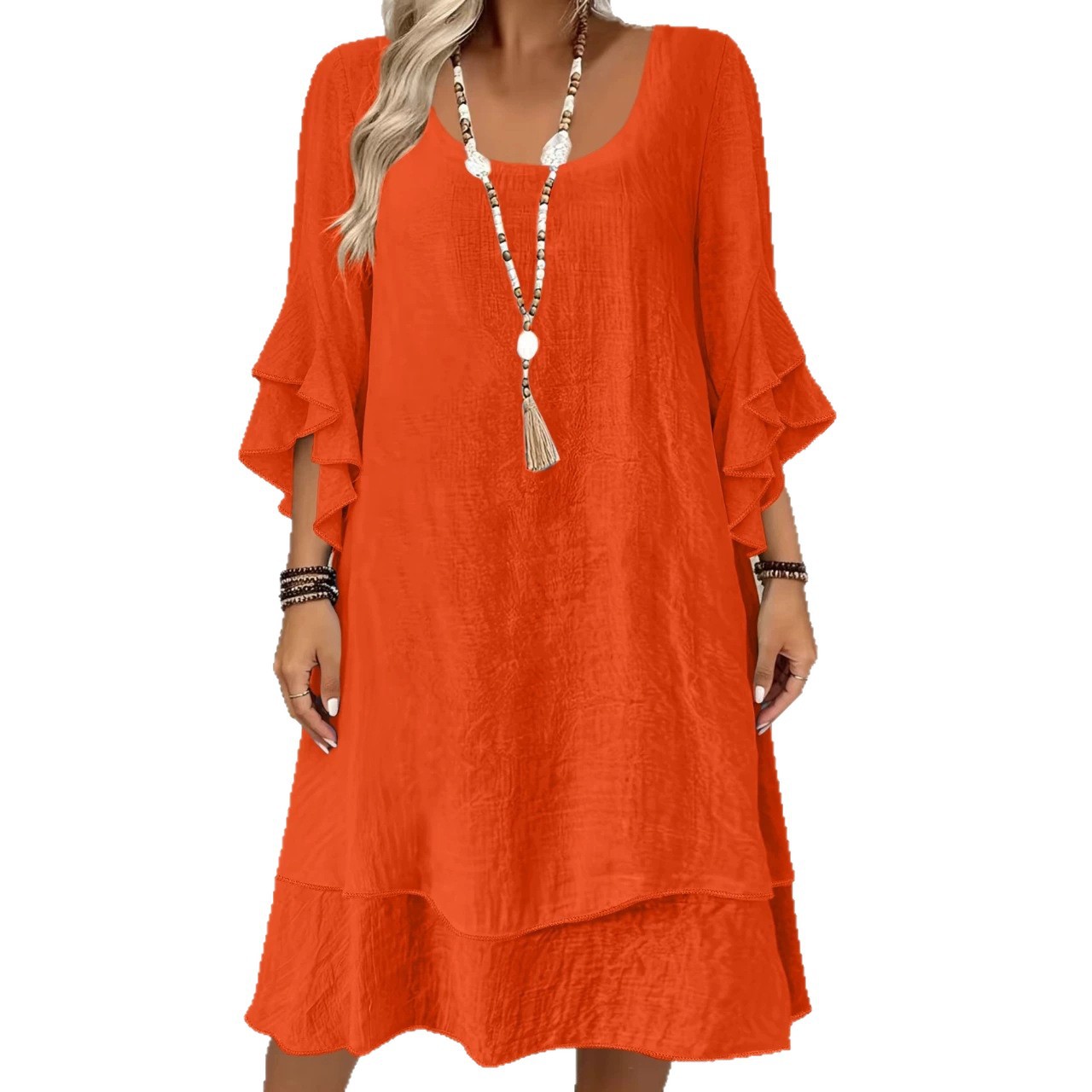 Elegant Ruffle Bell Sleeve Round Neck Midi Dress