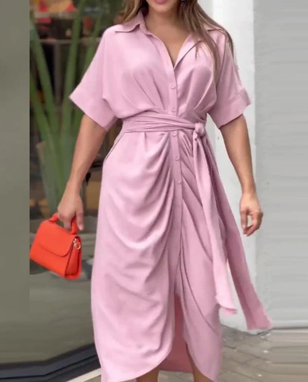 Floral Print Collared Short Sleeve High Waist Long Shirt Dress