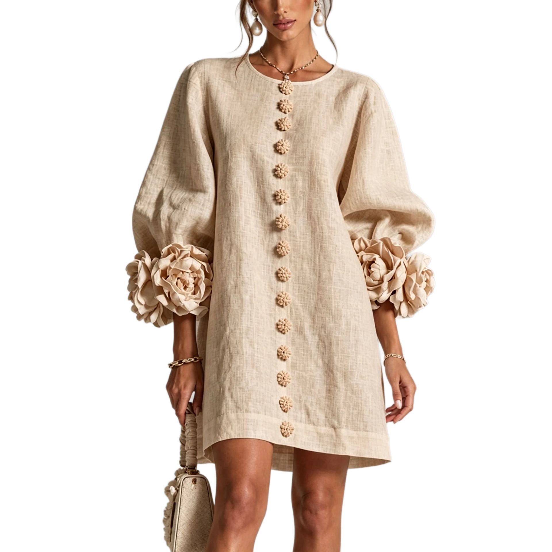 French 3D Floral Lantern Sleeve Cotton-Linen Dress Crewneck Button-Front Loose Short