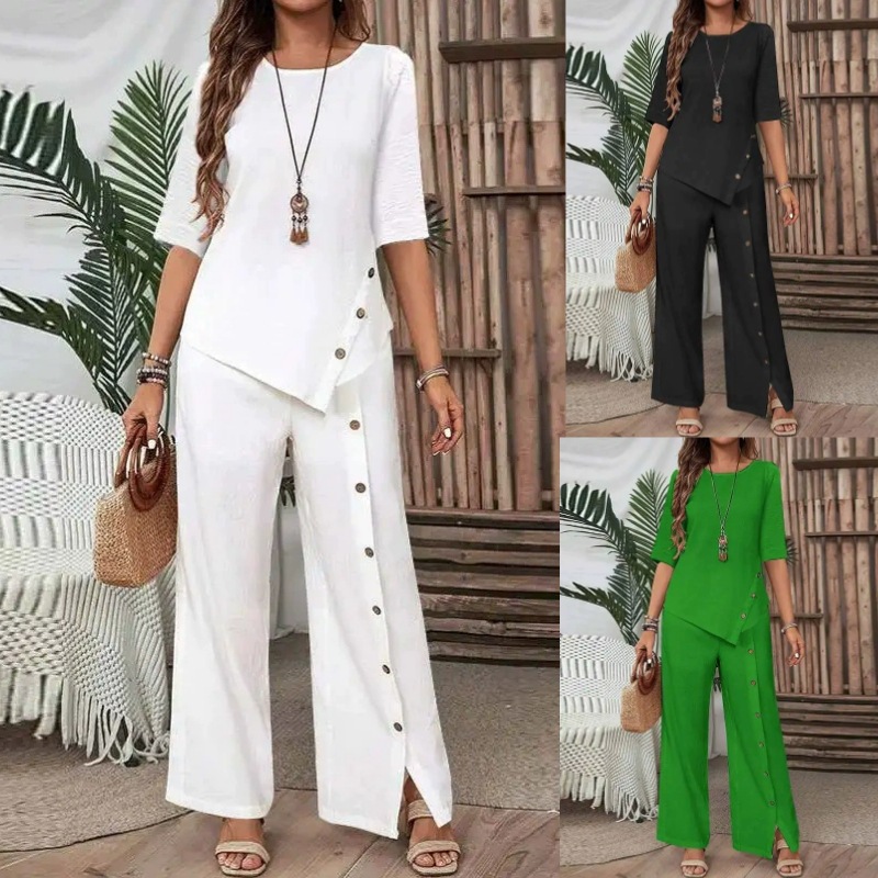 Women's Asymmetrical Hem Pant Set with Button Short-Sleeve Shirt