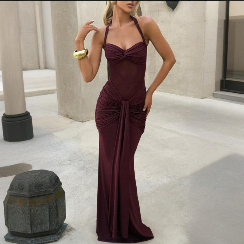 Women's Elegant Open Back Ruched Bodycon Long Dress
