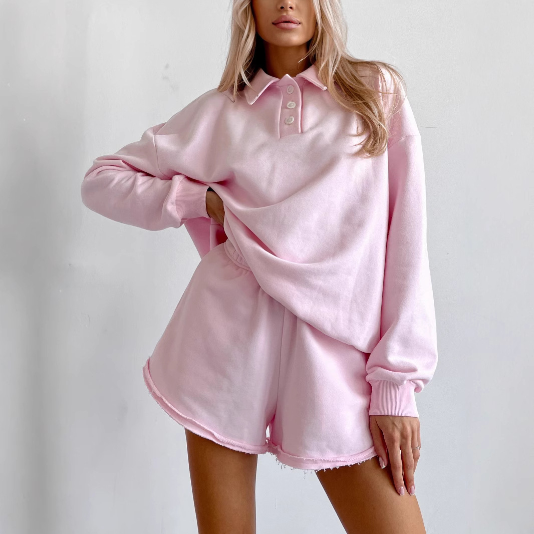 Women's Solid Color Long Sleeve Collared Loose Sweatshirt and Elastic Waist Shorts Two-Piece Set