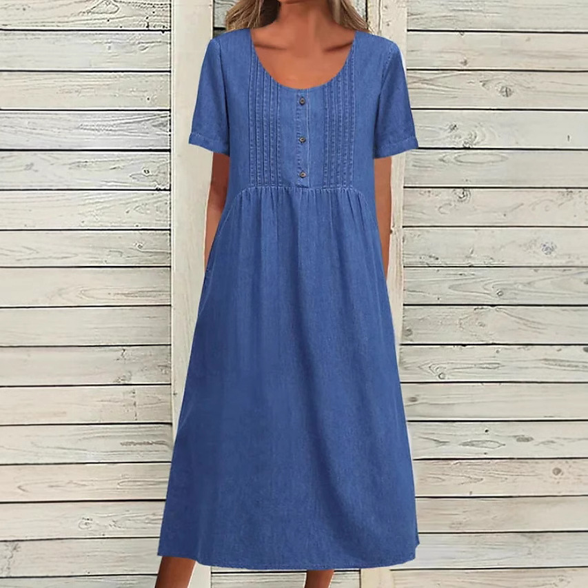 Women's U-Neck Midi Denim Dress Short Sleeve Elegant