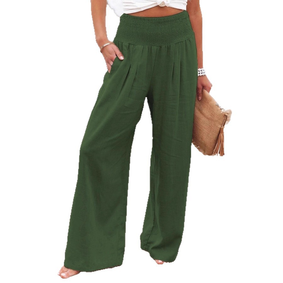 Cotton-Linen Wide-Leg Pants with Elastic High Waist